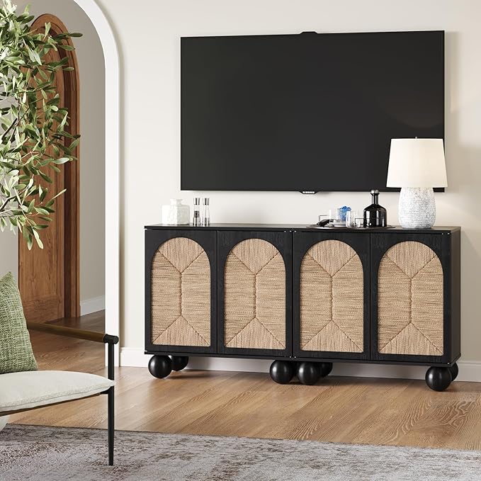 Nathan James Leah Boho TV Stand or Sideboard Cabinet for Kitchen or Living Room with Ball-Style Feet, Natural Seagrass Door Fronts and Solid Wood Legs, Black Set of 2
