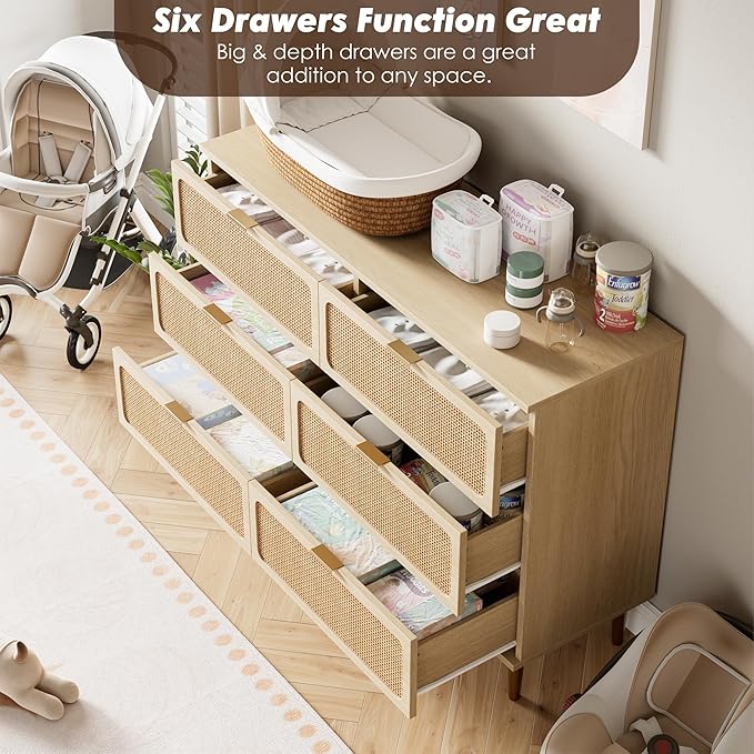 GarveeHome Rattan 6 Drawer Dresser for Bedroom, Large Double Dresser with Deep Drawers, Wooden Chest of Drawers for Closet with Wide Top, for Living Room, Hallway, Kids Room, Natural