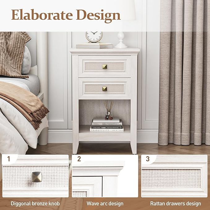 RoyalCraft Rattan Nightstand, Boho Bedside Table with 2 Rattan Decor Drawers, Accent End Table with Open Storage Shelf, Wood Bedside Unit for Bedroom, Home Office, Grayish White