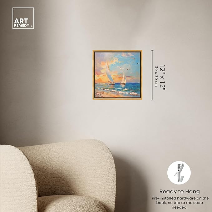 Art Remedy Sailboats In The Sunset Framed Sailing 1 Piece Canvas Wall Art, 13.5" x 13.5", Gold Frame