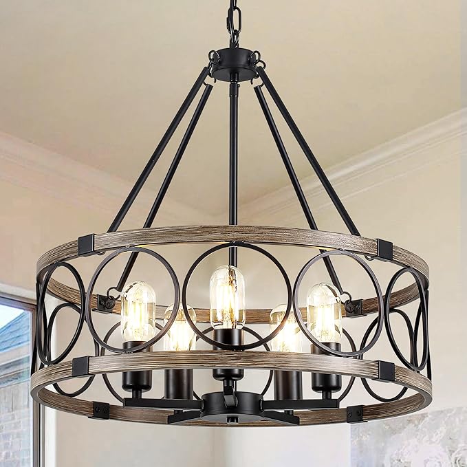 Farmhouse Chandelier for Dining Room 5-Light Black Rustic Drum Chandeliers 20" Wood Texture Adjustable Pendant Light Fixture for Kitchen Island Entryway Bedroom Hallway