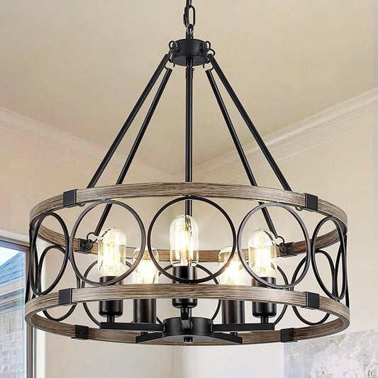 Farmhouse Chandelier for Dining Room 5-Light Black Rustic Drum Chandeliers 20" Wood Texture Adjustable Pendant Light Fixture for Kitchen Island Entryway Bedroom Hallway