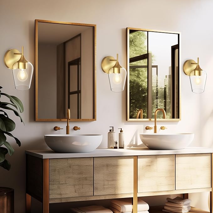 Hamilyeah Gold Sconces Wall Lighting Set of 2, Bathroom Wall Lighting Fixtures Brass, Modern and Vintage Wall Lights with Clear Champagne Glass Shade for Bedroom,Fireplace,Hallway,Kitchen