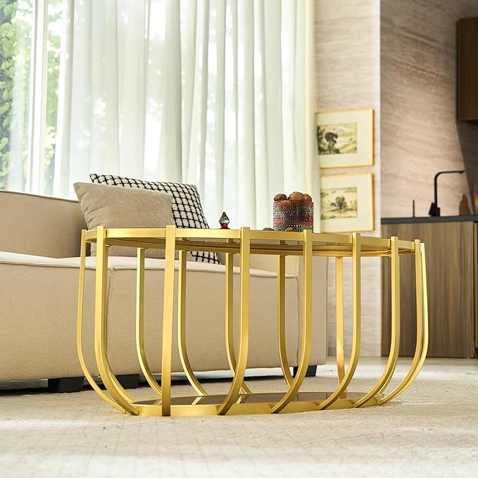 Saint Mossi Glass Oavl Coffee Table for Living Room, Modern 2-Tier Glass Center Table, Brown Glass Top with Gold Finish Legs & Frame, L42.5xW23xH16.5