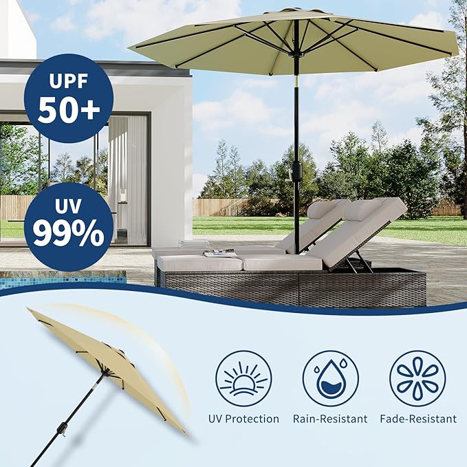 Garvee Patio Umbrella 10 ft, Table Umbrella Outdoor Patio UV Protection with Crank Lift & Push Button Tilt, 8 Sturdy Ribs for Yard, Deck, Pool - Beige