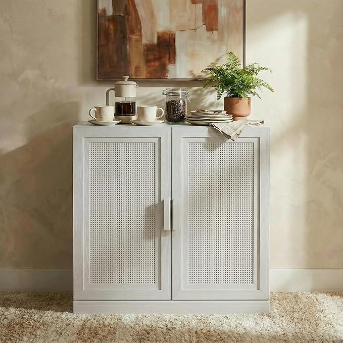 Casaphoria Adam Sideboard Buffet Cabinet with Storage, Sideboard Cabinet with Rattan Doors & Adjustable Shelves, 31" W x 31" H Coffee Bar for Entryway Kitchen Living Room, White