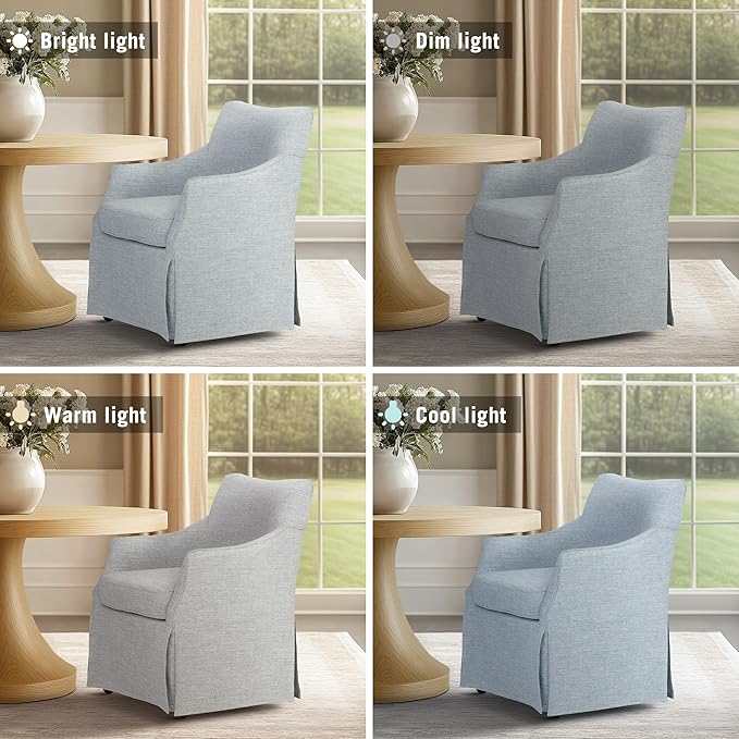 Martha Stewart London Upholstered Skirted Dining Arm Chair with Casters – Curved Back, Removable Seat Cushion, for Dining Room, Home Office, or Living Space, Light Blue