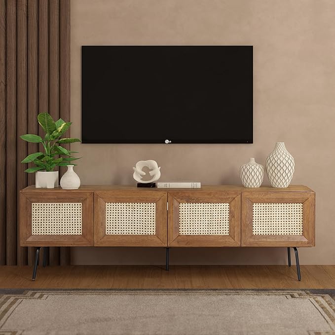 NTC Mossic TV Media Cabinet with 4 Doors for TVs, Entertainment Center with Natural Rattan, Metal Legs, Modern Storage Console for Living Room and Bedroom, Effortless Assembly, Teak Look