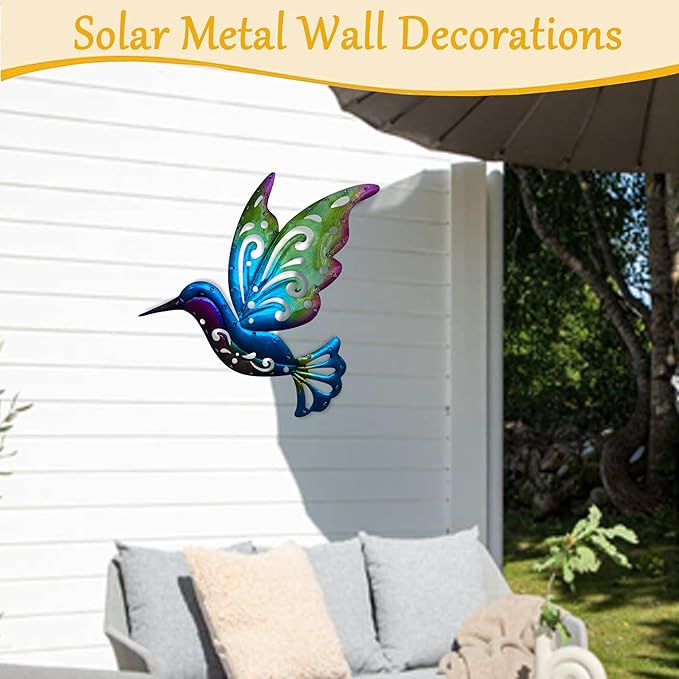WAIU Solar LED Light Hummingbird Metal Outdoor Wall Outside Decorations for Yard, Hummingbird Ornament Metal Yard Art Wall Patio Backyard Garden Decor for Outside