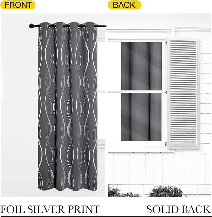 NICETOWN Blackout Curtains Panels for Bedroom, Microfiber Noise Reducing Thermal Insulated Wave Line Foil Print Design Blackout Curtains for Patio Sliding Glass Door (2 Panels, 34 x 84 Inch, Gray)