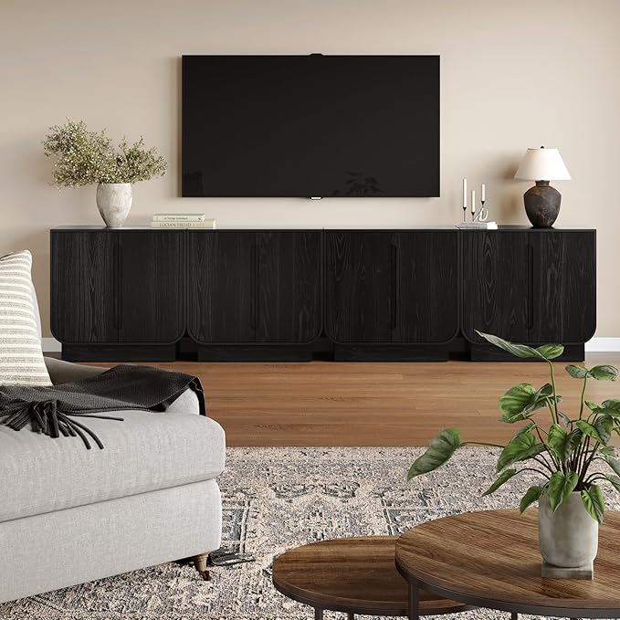 Nathan James Joey Mid Century Modern Storage Cabinet, Arched Accent Cabinet with Rounded Bottom Edges and Integrated Door Pull Cutouts, Black Oak Set of 4