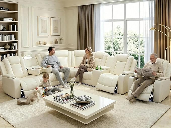 Power Reclining Sectional Sofa Set with LED, Living Room Furniture Sets, Leather Recliner Couch for Living Room/Home Theater, Sectional Couch and Chair with 3 Recliners, USB Port/Hide-Away Storage