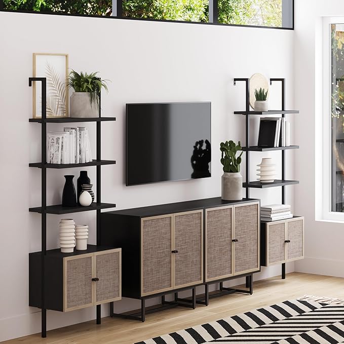 Nathan James Theo Modern Bookcase with Rattan Cabinet in Matte Black and Light Oak Finish with Matte Black Metal Frame for Living Room, Home Office Storage, Set of 2