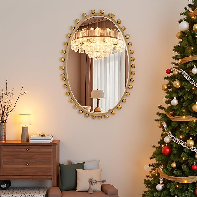 24"x36"Oval Wall Mounted Bathroom Mirror with Beveled Glass, Antique Gold Beaded Ball Frame, Vertical & Horizontal Hanging Vanity Wall Mirror for Bathroom, Bedroom, Entryway, Dressing Room