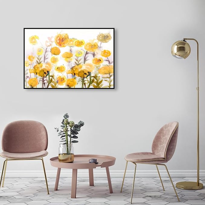The Oliver Gal Artist Co. Floral and Botanical Wall Art Framed Canvas Prints 'Bella Garden Poppy Yellow' Gardens Black Floating Frame 36" x 24"