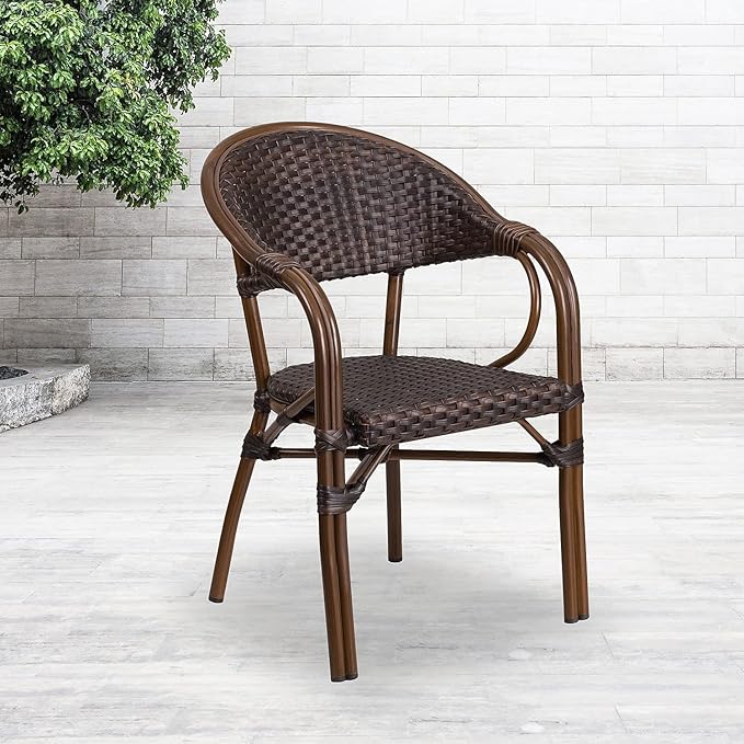 Flash Furniture 3 Pk. Milano Series Dark Brown Rattan Restaurant Patio Chair with Red Bamboo-Aluminum Frame