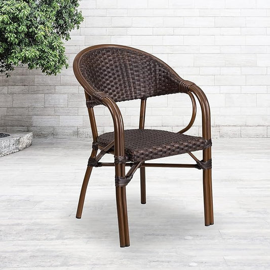 Flash Furniture 3 Pk. Milano Series Dark Brown Rattan Restaurant Patio Chair with Red Bamboo-Aluminum Frame