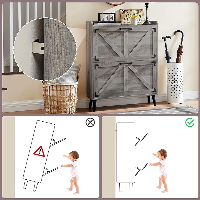 Shoe Storage Cabinet with 2 Flip Drawers, Farmhouse Hidden Shoe Organizer, Narrow Slim Shoe Rack Cabinet for Entryway Hallway,Washed Gray