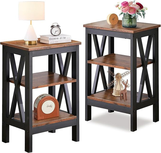VECELO End Side Table Night Stand Set Of 2,X-Design with Storage Shelf for Bedroom,Living Room,Brown