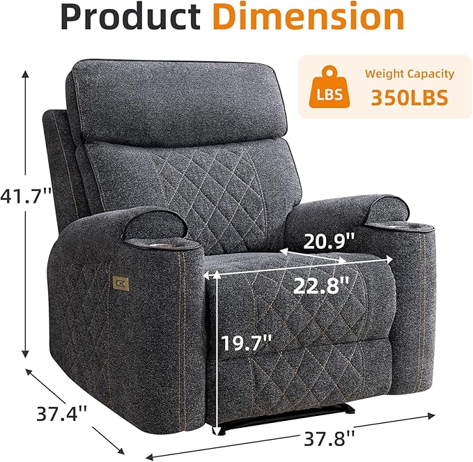EBELLO Power Recliner Chair, Electric Fabric Reclining Sofa with Cup Holders, USB Charging Ports, for Living Room, Bedroom and Meeting Room, Grey