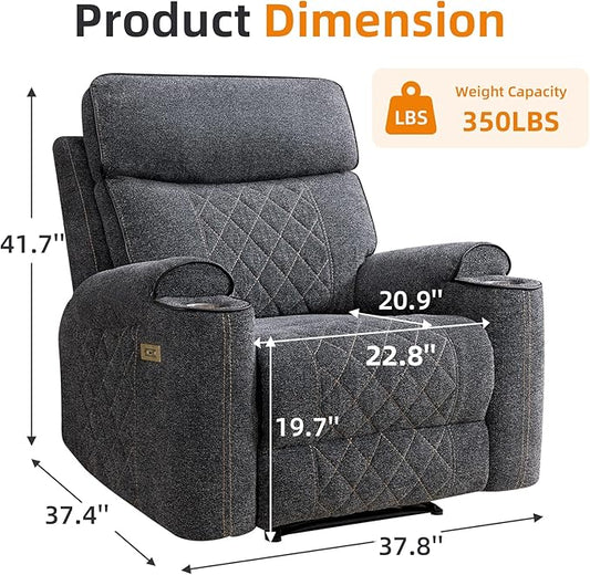 EBELLO Power Recliner Chair, Electric Fabric Reclining Sofa with Cup Holders, USB Charging Ports, for Living Room, Bedroom and Meeting Room, Grey
