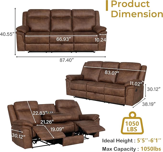 3-Seater Manual Recliner Sofa with Dual Recliners, Drop-Down Table, USB Charging Ports & Power Outlets, Faux Leather Couch for Living Room, Ergonomic Design for Full Comfort (87")