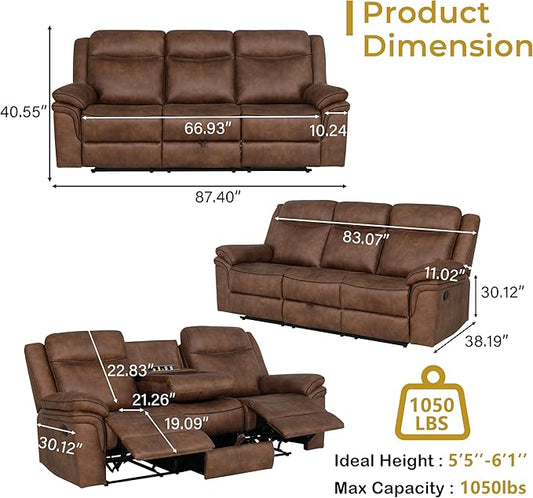3-Seater Manual Recliner Sofa with Dual Recliners, Drop-Down Table, USB Charging Ports & Power Outlets, Faux Leather Couch for Living Room, Ergonomic Design for Full Comfort (87")