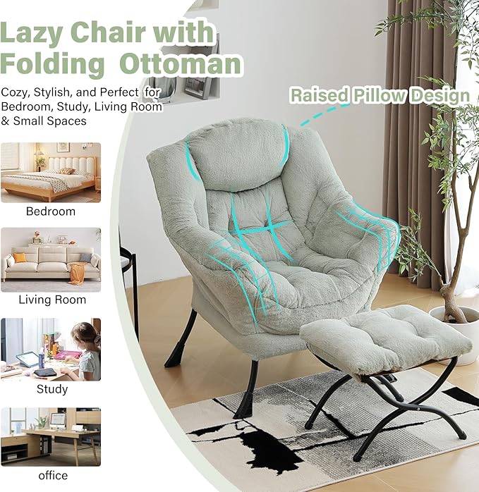 Lazy Chair with Ottoman, Modern Chair with Folding Footrest, Plush Green Accent Chair, Comfortable Reading Chair, Oversized Armchairs for Bedroom, Study, Living Room, Courtyard