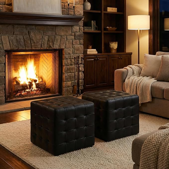Cortesi Home Charli Tufted Cube Ottoman in 100% Genuine Leather, Black