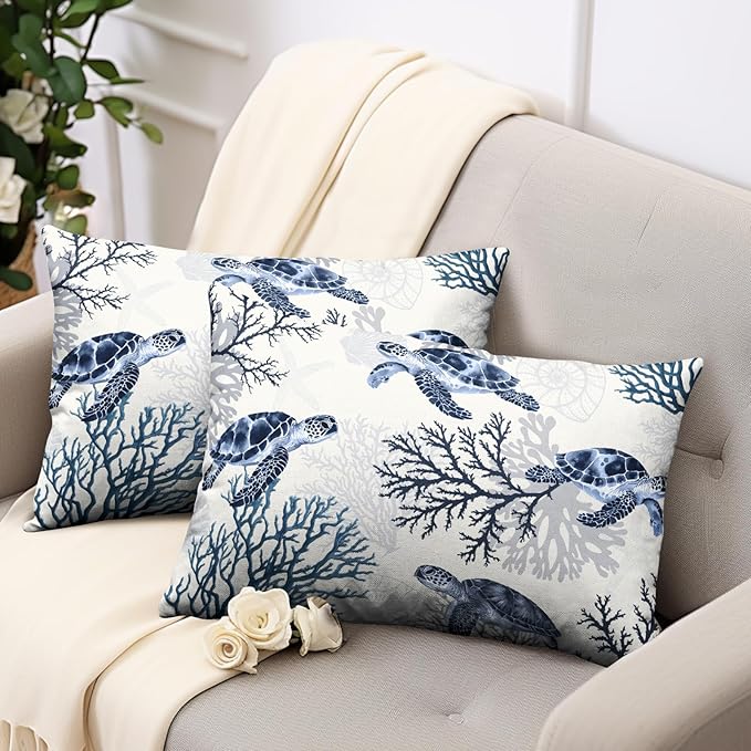 Nautical Coastal Lumbar Pillows Covers 12x20 Set of 2 Summer Beachy Themed Outdoor Throw Pillow Covers Ocean Coral Sea Turtle Pillow Cases for Bed Couch Sofa Living Room