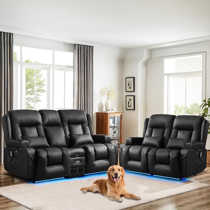 TUNYI Power Loveseat Recliner Sofa, Faux Leather Reclining Sofa with Console RV Reclining Loveseat Couch with USB/Outlet/Storage/Side Pocket/LED Light/Speaker (Black, Loveseat)