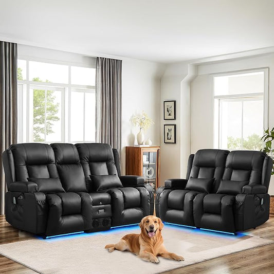 TUNYI Power Loveseat Recliner Sofa, Faux Leather Reclining Sofa with Console RV Reclining Loveseat Couch with USB/Outlet/Storage/Side Pocket/LED Light/Speaker (Black, Loveseat)