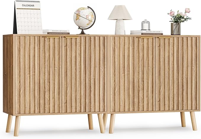 Pamapic Fluted Storage Cabinet, Sideboard Buffet Cabinet with Storage, Wood Credenza with Adjustable Shelves, Modern Accent Cabinet for Living Room, Kitchen, Entryway, Natural(2, Natural)