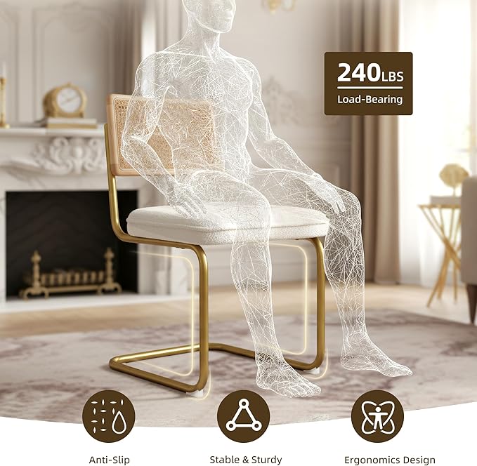 CangLong Rattan Dining Chairs Set of 2, Modern Kitchen Chairs with Natural Mesh Rattan Backrest & Solid Thick Metal Legs, Upholstered Fleece Armless Side Chairs for Living Room, Study, Cream