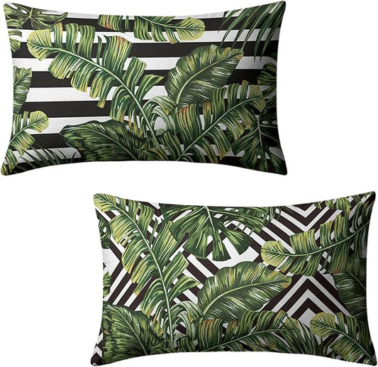Tropical Leaves Lumbar Pillow Covers Set of 2 Summer Palm Leaves Rectangle Pillow Case 12x20 Black and White Geometric Waist Throw Pillow Covers for Living Room Sofa