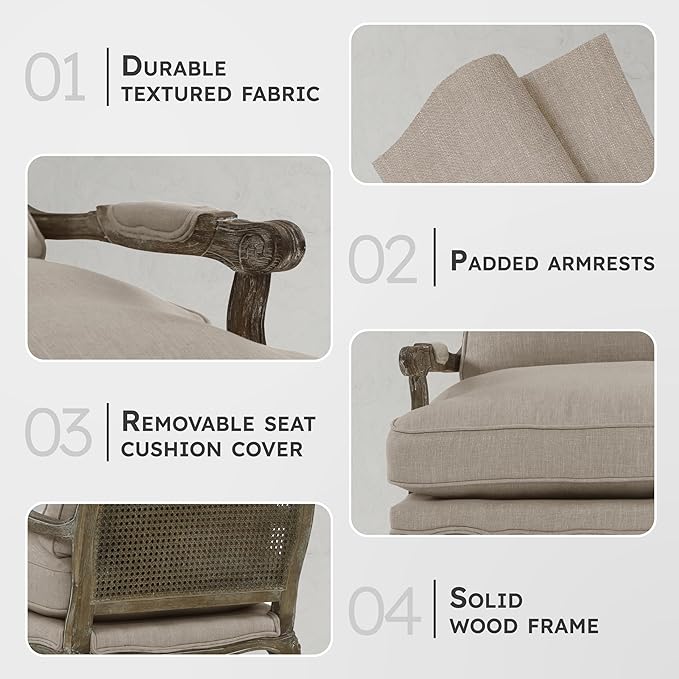 Lexicon Oak Distressed Solid Wood Accent Chair with Feather Down Seating, Natural Linen Fabric Padded Armchair for Living Room, Bedroom, Reading Room, or Sunroom, Neutral