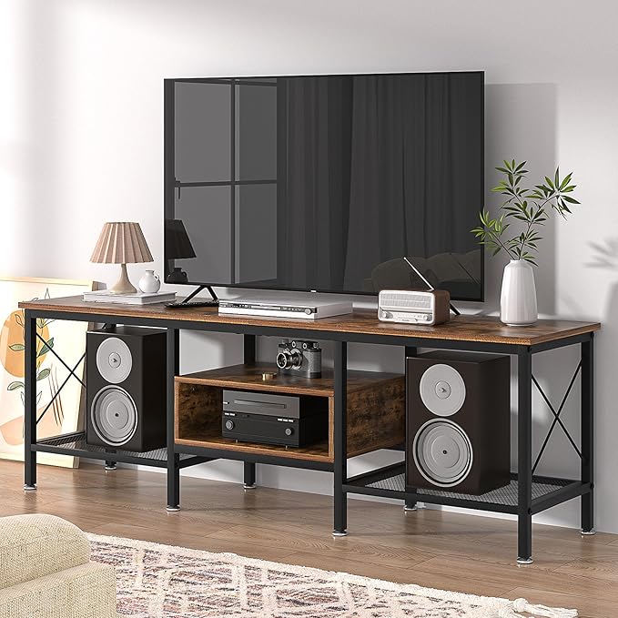 VECELO Industrial TV Stand for 70 Inch Television Cabinet 3-Tier Console with Open Storage Shelves, Entertainment Center Metal Frame for Living Room, Bedroom, 63 Inch, Dark Brown
