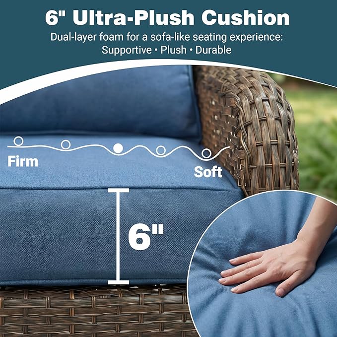 Patio Furniture Set, 2PCS Outdoor Wicker Conversation Set with 6" Thick Cushions, High Back Rattan Sofa, Weather Resistant Olefin Fabric for Garden, Poolside, Navy Blue