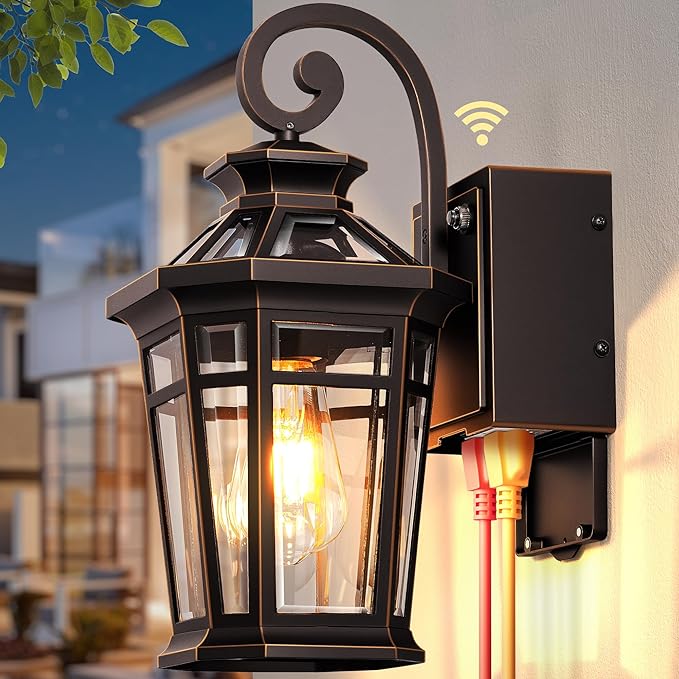 Outdoor Wall Light with GFCI Outlet, Oil Rubbed Bronze Dusk to Dawn Front Porch Light, Exterior Lighting Fixtures with Outlet, Outdoor Sconce Lights Wall Mount, Outside Lights for Patio, Garage
