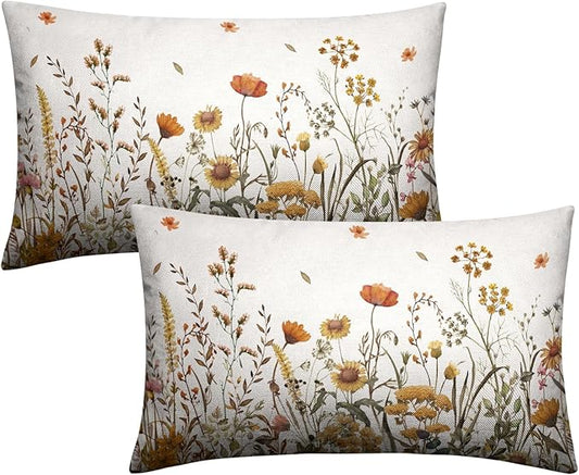 Fall Lumbar Pillow Covers 12x20 Set of 2 Autumn Flowers Decorative Outdoor Throw Pillow Case Burnt Orange Floral Thanksgiving Harvest Rectangle Pillowcase for Couch Sofa