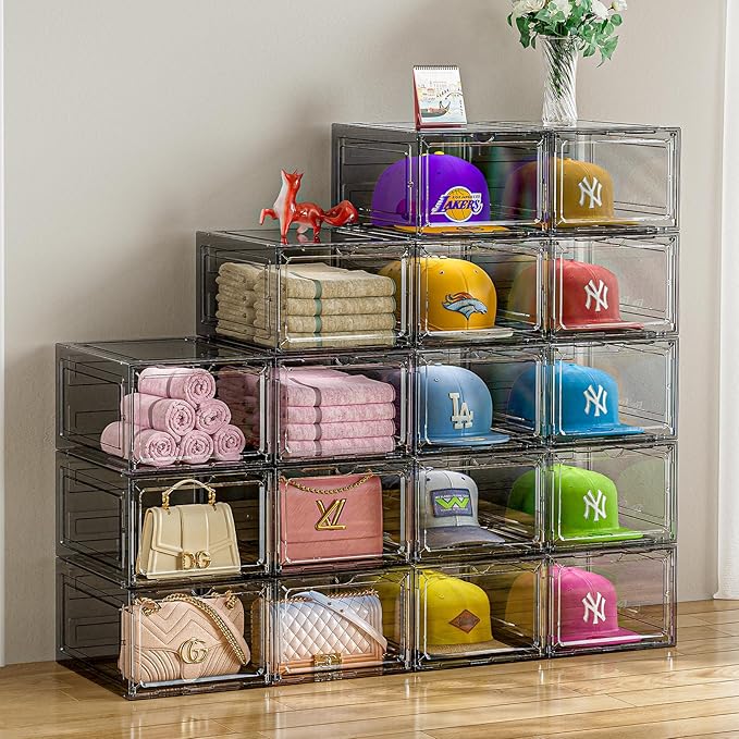 Hat Organizer Box for Baseball Caps, 6 Pack Plastic Hat Storage Display Case with Magnetic Door, Hat Holder Rack for Closet, Snapback Organizer, Hold 8 Caps Each, Black