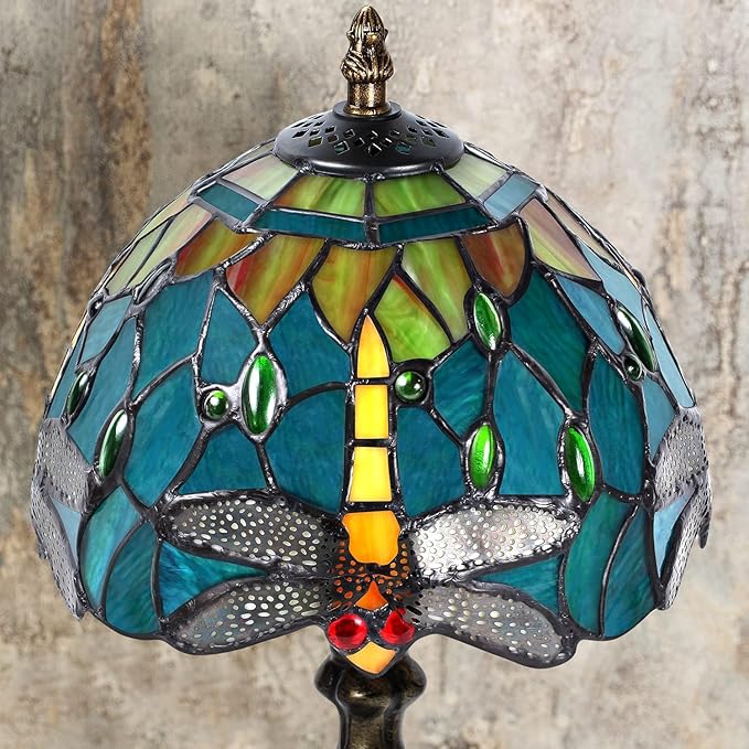 MIAOKE Stained Glass Table Lamp,Stained Glass Crystal Bead Style Table Light,Handmade Desk Bedside Night Light,Antique Art Craft Gifts Living Room Bedroom Bookcase(Water-Rippled Dragonfly)