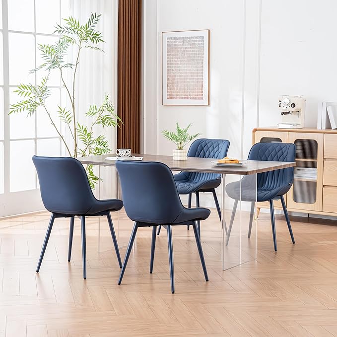 YOUNIKE Faux Leather Dining Chairs Set of 2 Mid-Century Modern High Padded Back Comfy Upholstered Kitchen Chairs with Metal Legs Wide Seat Accent Side Chair for Dining/Living/Waiting Room Navy Blue