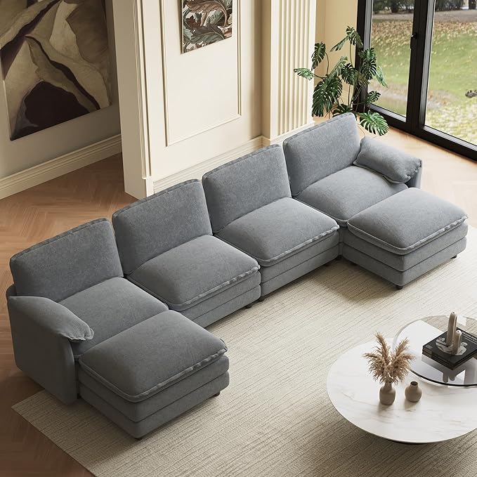 150" U Shaped Cloud Couch Sectionals Comfy Grey Sectional Couches for Living Room Modern Fluffy Oversized Modular Sofas, Chenille Large Big 6 Seat Sofa Set