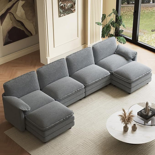 150" U Shaped Cloud Couch Sectionals Comfy Grey Sectional Couches for Living Room Modern Fluffy Oversized Modular Sofas, Chenille Large Big 6 Seat Sofa Set