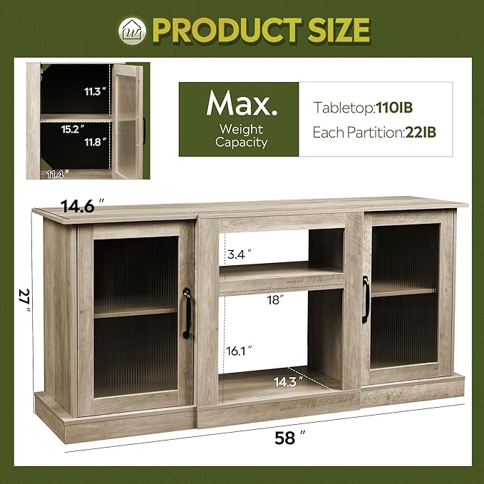 WLIVE Farmhouse TV Stand for 65 inch TV, 58" Entertainment Center with Storage Cabinets, Open Shelves TV Console for Living Room and Bedroom, Greige