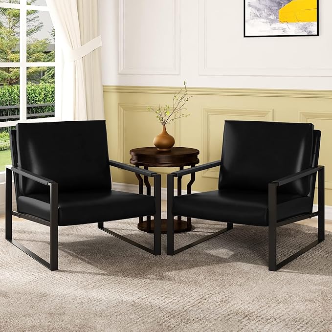 AWQM Leather Accent Chair Set of 2 Sofa Chair with Extra-Thick Padded Backrest and Seat Cushion Single Sofa for Living Room Bedroom, Black Metal Frame, 105 Degree Slant Back-Black（Set of 2）
