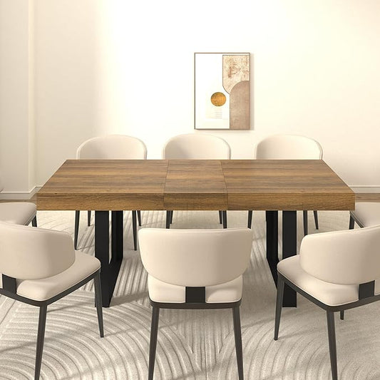63" - 79" Extendable Dining Room Table, Expandable Kitchen Table for 6 to 10 People, Modern Wood Conference Table, Large Farmhouse Dining Table(Brown & Black, Double-U Base)