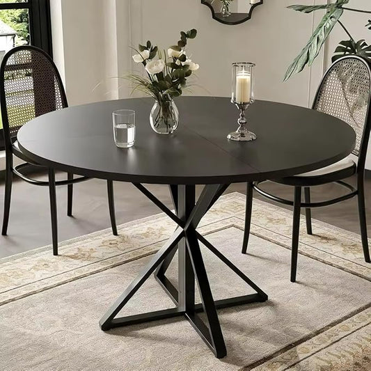 IDEALHOUSE 47 Inch Round Dining Table for 4, Farmhouse Kitchen Table with Metal K-Base, Black Circle Wood Table for Dining Room, Kitchen, Apartment & Living Room (Table Only)
