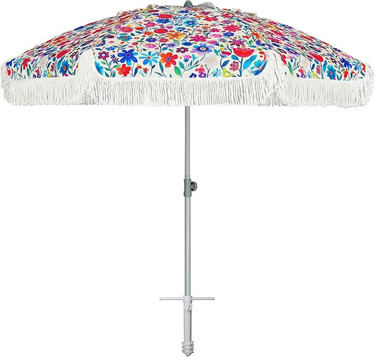 AMMSUN 6.5ft Heavy Duty HIGH Wind fringe Beach Umbrella with sand anchor, Fringe Umbrella Outdoor Patio Tilt Sun Shelter, UPF 50+ Windproof Outdoor Sunshade Umbrellas Carry Bag for Patio Garden Backyard Pool Sports